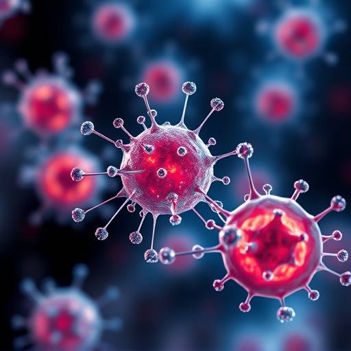 Un'immagine al microscopio elettronico di nanoparticelle che rilasciano farmaci a cellule tumorali.