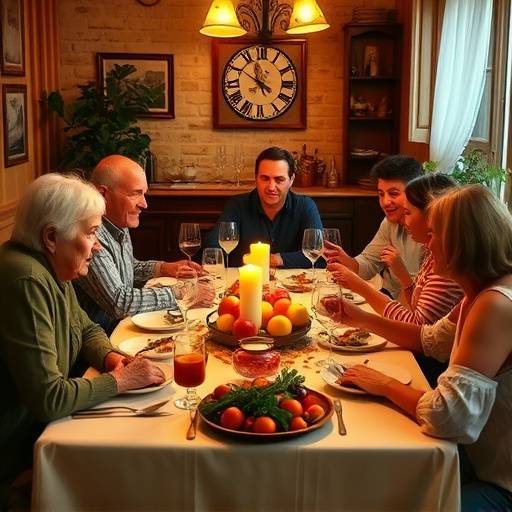 Una famiglia italiana che cena insieme, simboleggiando l'importanza dei legami familiari nella societ&radic;&dagger; italiana.