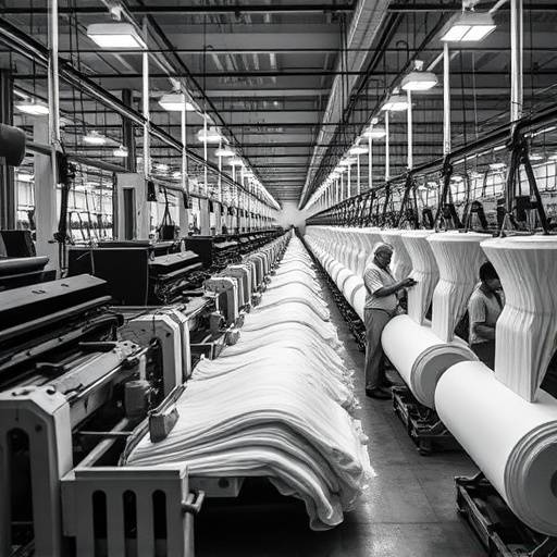 Vista di una fabbrica tessile in Lombardia con operai al lavoro.